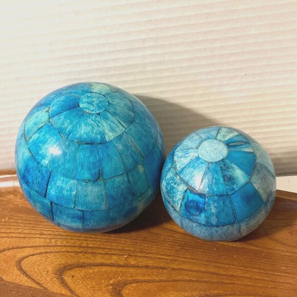Nautical Beach Coastal Inlaid Blue Mosaic Decorative Orbs Home Decor  Set of 2 - Picture 2 of 7